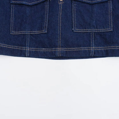 Conjunto feminina em jeans: camisa colarinho degotado com manga curta e bolso decoração + shorts cintura média assimétricos