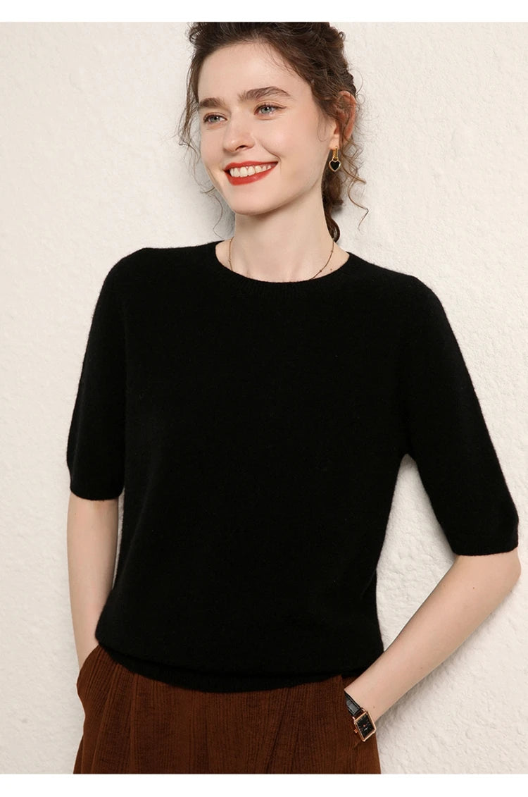 100% cashmere women's sweater short sleeved knitted O-neck five quarter sleeve fashionable hot selling women's T-shirt
