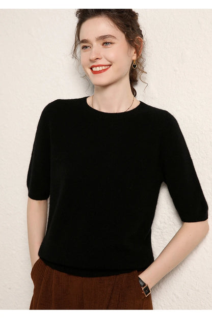 100% cashmere women's sweater short sleeved knitted O-neck five quarter sleeve fashionable hot selling women's T-shirt