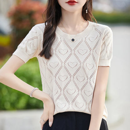 New Summer Fashion 100% Pure Cotton Women's Sweater Short sleeved Casual O-neck Pullover T-shirt Loose Knitted Hollow Top