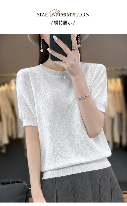 Pure Cotton Hollow Short-Sleeved Ladies Spring And Summer Loose Slim New Joker Knit Bottoming T-Shirt