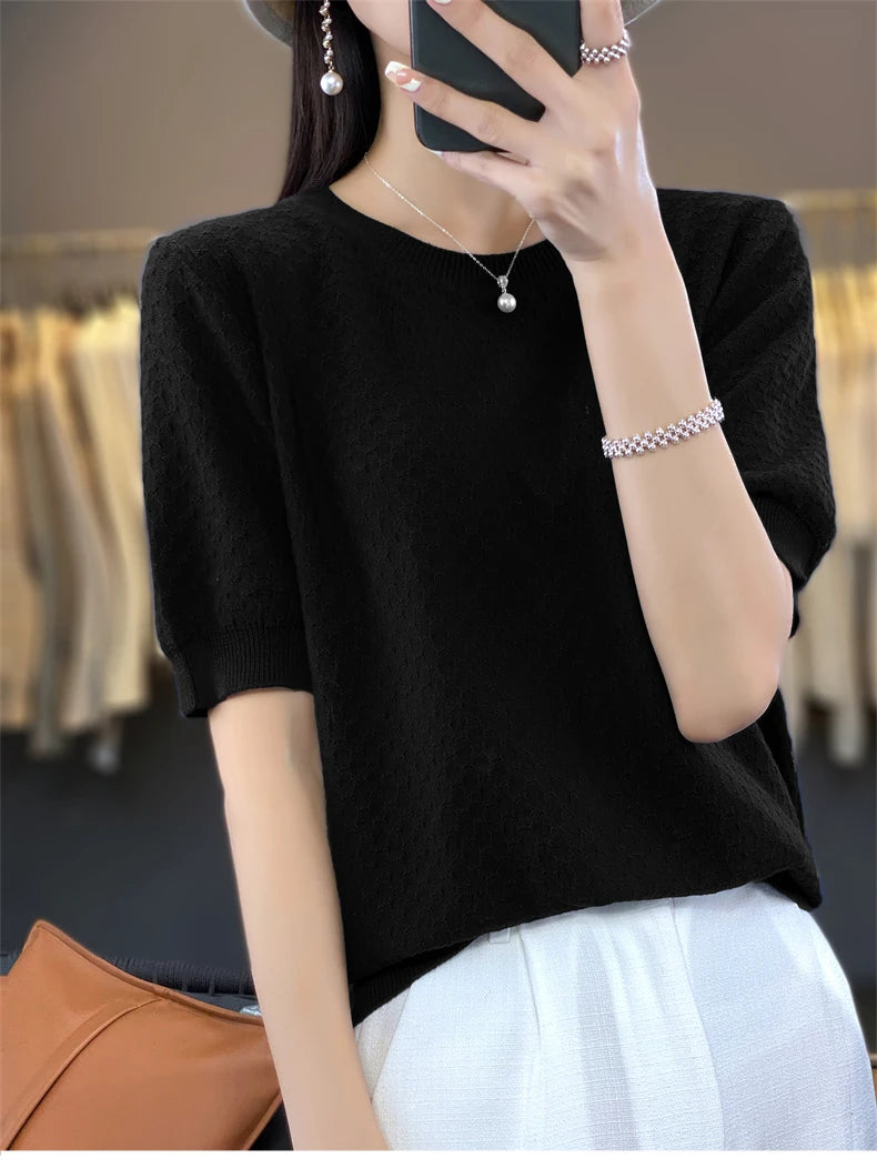Pure Cotton Hollow Short-Sleeved Ladies Spring And Summer Loose Slim New Joker Knit Bottoming T-Shirt