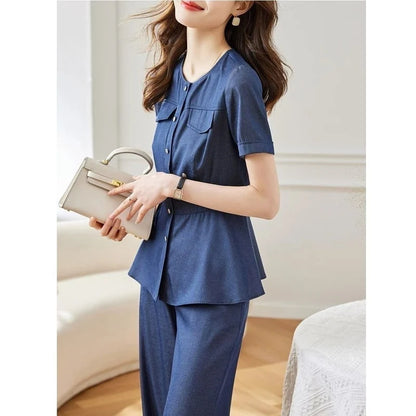 Conjunto cardigan feminino de botão com manga curta e gola redonda + calça larga de elástico na cintura, algodão puro