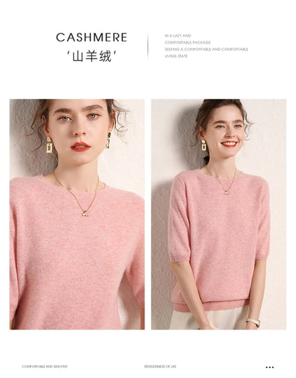 100% cashmere women's sweater short sleeved knitted O-neck five quarter sleeve fashionable hot selling women's T-shirt