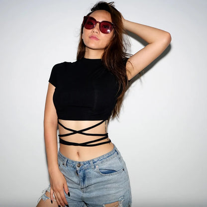 Y2K Women Backless Hollow Out T Shirt Sexy Bandage Crop Tops O-neck Tshirt Black Streetwear Short Sleeve Slim Bodycon T-shirt