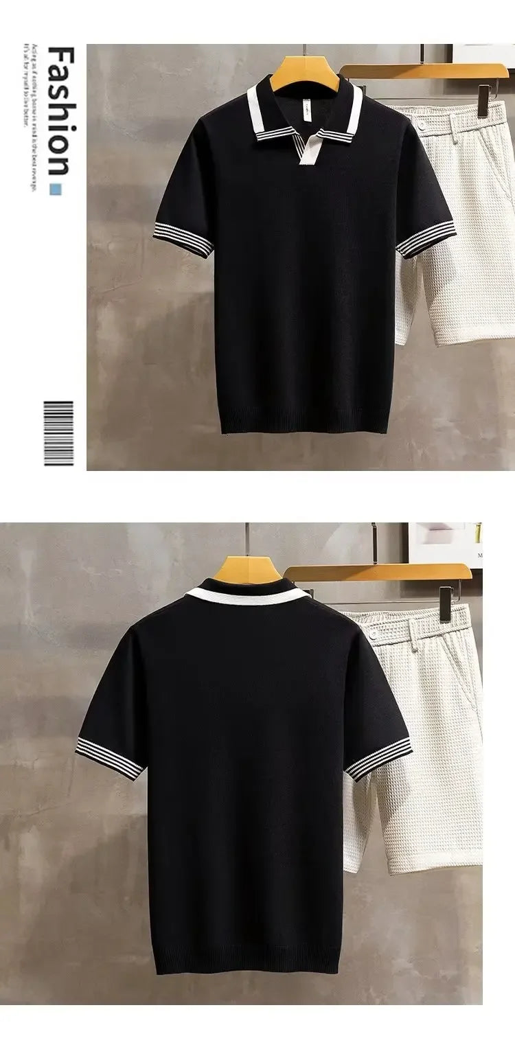 Camisa polo masculina Vintage: confortável, estilo verão, malha, com lapela de manga curta