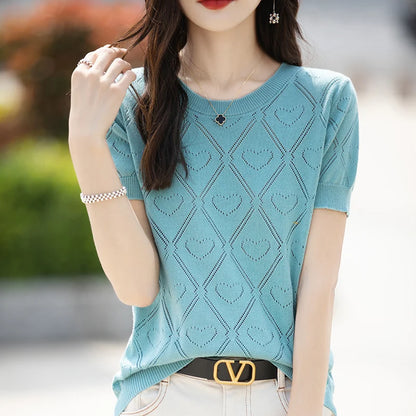 New Summer Fashion 100% Pure Cotton Women's Sweater Short sleeved Casual O-neck Pullover T-shirt Loose Knitted Hollow Top