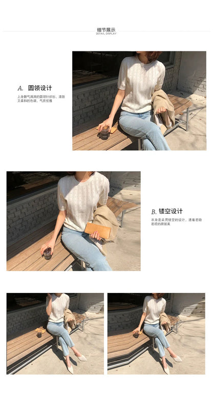 100% Cotton Women Hollow-out Sweater T-shirt New Summer Fashion Short-sleeve O-Neck Pullover Tees Korea Casual Knitted Tops