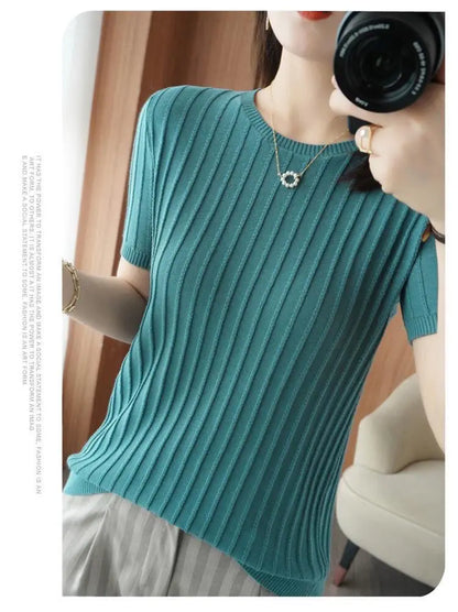 2023 Summer New Loose Thin Style Round Neck Short Sleeve T-shirt Women Fashion Vintage Elegant Screw Thread Knitting Pullovers