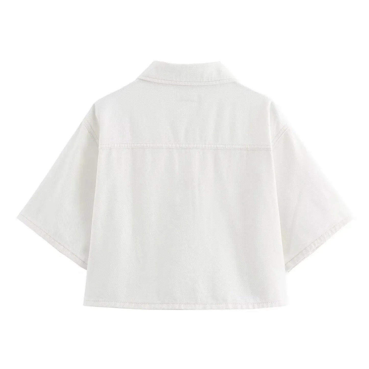 Conjuntos femininos em jeans: camisa gola com manga curta e bolso decoração +  shorts cintura média assimétrico