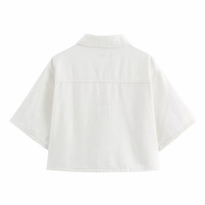 Conjuntos femininos em jeans: camisa gola com manga curta e bolso decoração +  shorts cintura média assimétrico