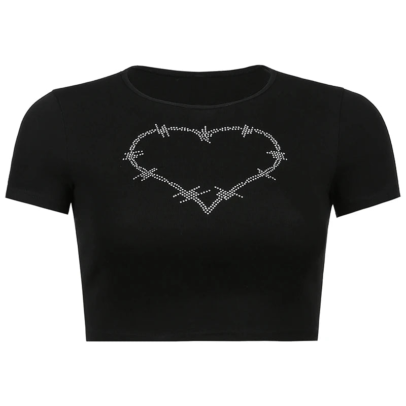 Y2K Women Backless Hollow Out T Shirt Sexy Bandage Crop Tops O-neck Tshirt Black Streetwear Short Sleeve Slim Bodycon T-shirt