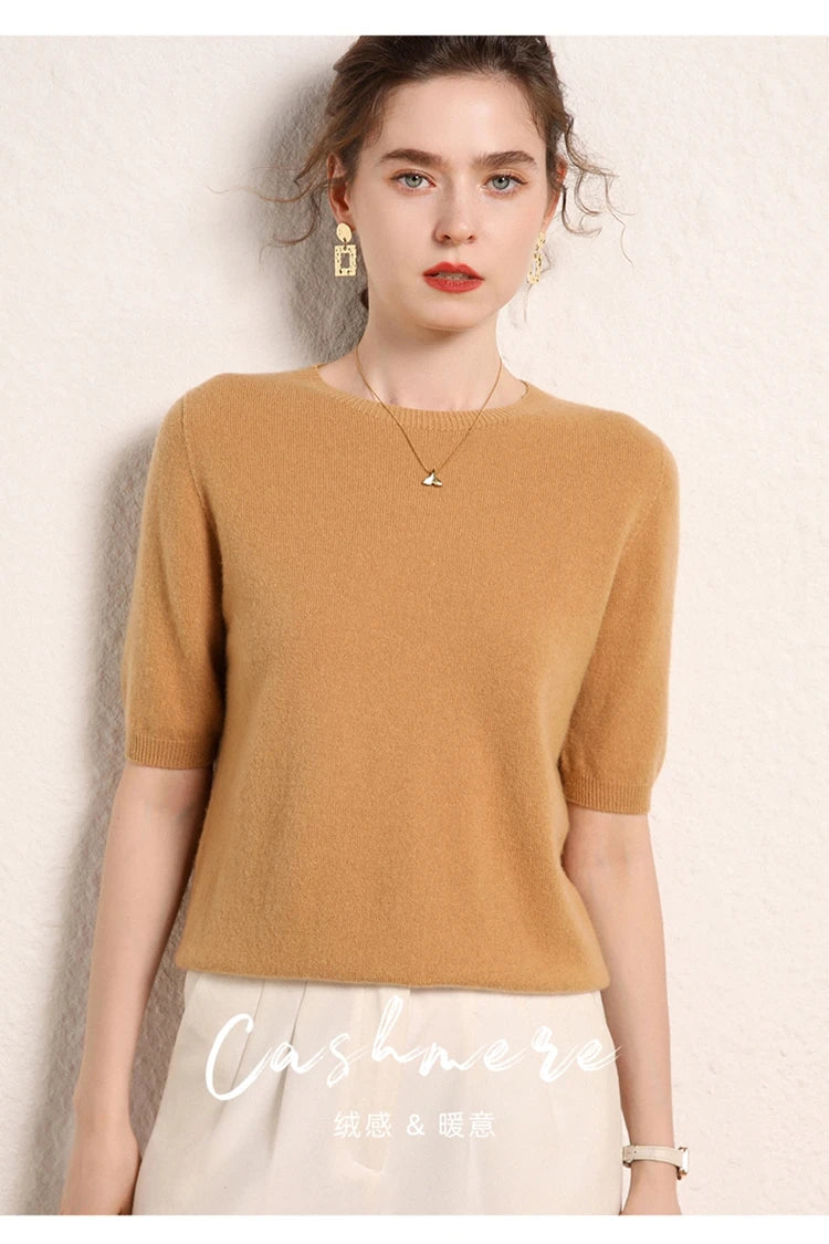 100% cashmere women's sweater short sleeved knitted O-neck five quarter sleeve fashionable hot selling women's T-shirt
