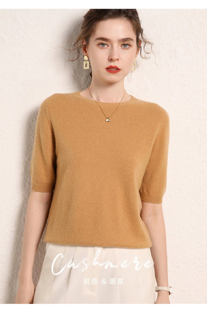 100% cashmere women's sweater short sleeved knitted O-neck five quarter sleeve fashionable hot selling women's T-shirt