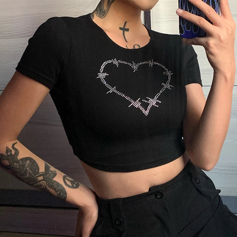 Y2K Women Backless Hollow Out T Shirt Sexy Bandage Crop Tops O-neck Tshirt Black Streetwear Short Sleeve Slim Bodycon T-shirt