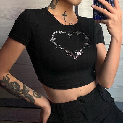 Y2K Women Backless Hollow Out T Shirt Sexy Bandage Crop Tops O-neck Tshirt Black Streetwear Short Sleeve Slim Bodycon T-shirt