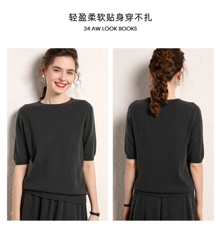 100% cashmere women's sweater short sleeved knitted O-neck five quarter sleeve fashionable hot selling women's T-shirt