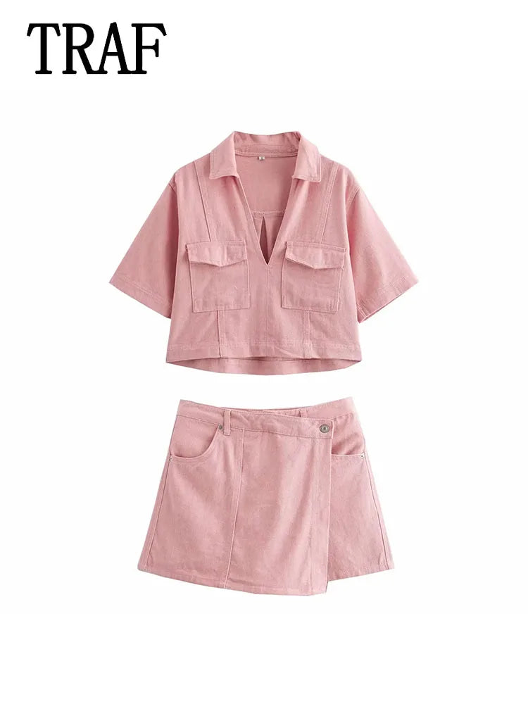 Conjuntos femininos em jeans: camisa gola com manga curta e bolso decoração +  shorts cintura média assimétrico