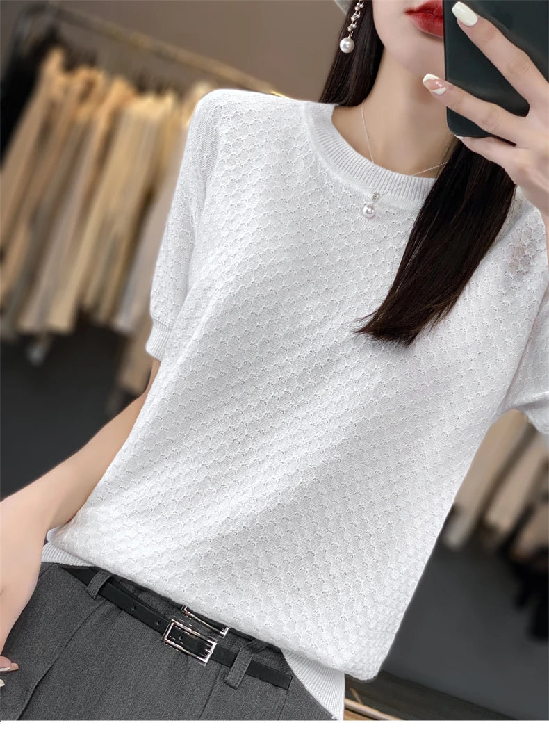 Pure Cotton Hollow Short-Sleeved Ladies Spring And Summer Loose Slim New Joker Knit Bottoming T-Shirt