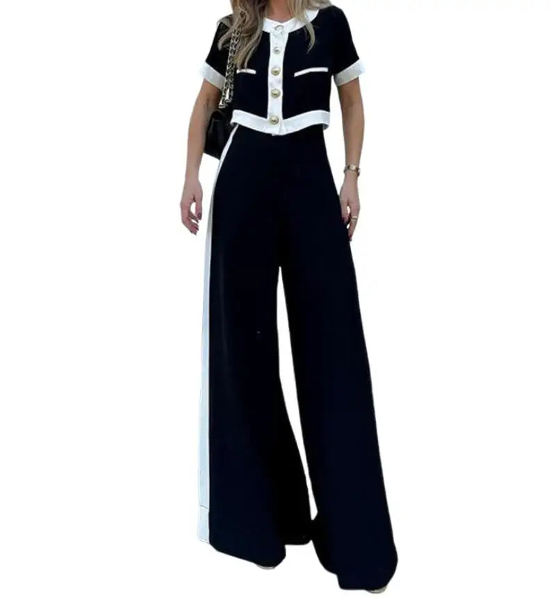 Conjunto camisa manga curta com botão + calça de perna reta larga