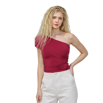 Women's Summer Sexy Slim Fit Crop Tops Short Sleeve One Shoulder Solid Color Sweet Short Basic T-shirts