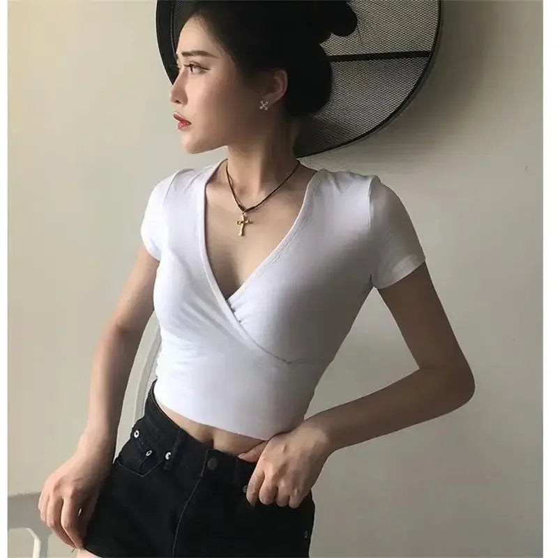 Summer Sexy Women Slim Crop Top Tees T Shirt Low Cut Short Sleeve Solid Female Teenage Girls Femmes T-Shirt Cross Wrap
