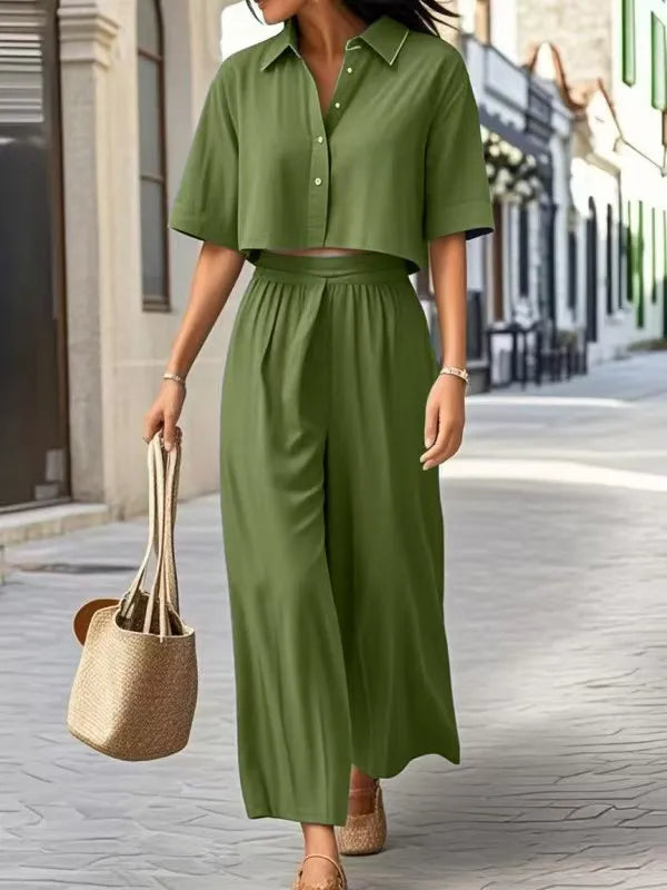 Conjunto de duas peças: em algodão e linho, moda verão casual. Camisa curta + perna larga