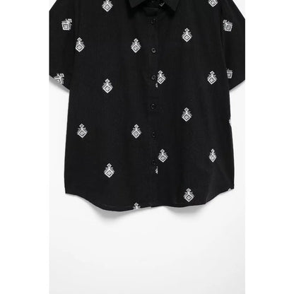 Conjunto Elegance: casual com 2 peças bordados com camisa tipo top de manga curta e lapela combinando calças largas