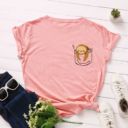 JFUNCY Short Sleeve Tee Women Top Oversized Cotton T-Shirt Female Summer Clothes Cute Sloth Pocket Graphic 2024 Women's T Shirts