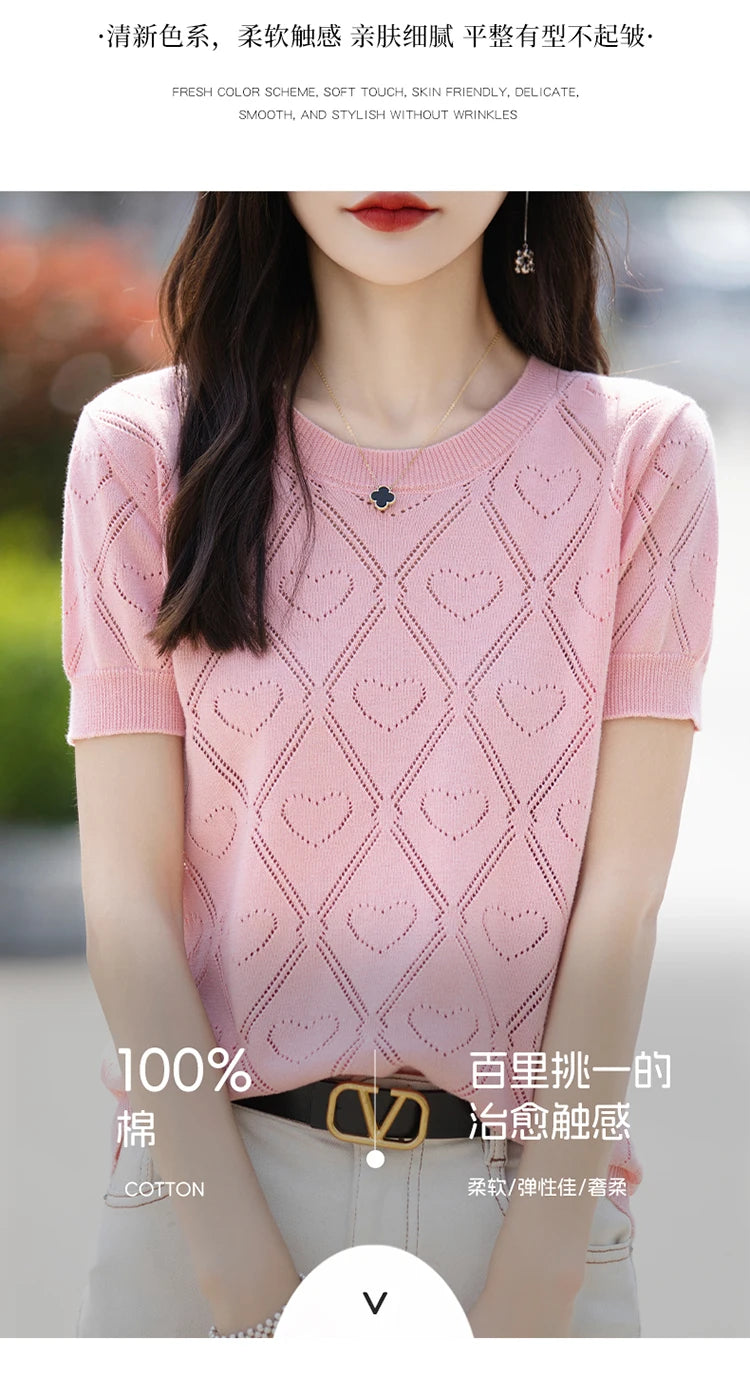 New Summer Fashion 100% Pure Cotton Women's Sweater Short sleeved Casual O-neck Pullover T-shirt Loose Knitted Hollow Top