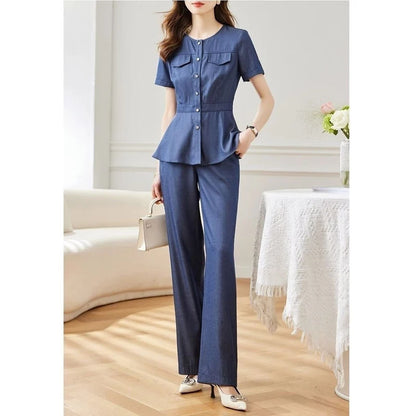 Conjunto cardigan feminino de botão com manga curta e gola redonda + calça larga de elástico na cintura, algodão puro
