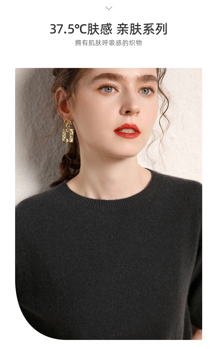 100% cashmere women's sweater short sleeved knitted O-neck five quarter sleeve fashionable hot selling women's T-shirt