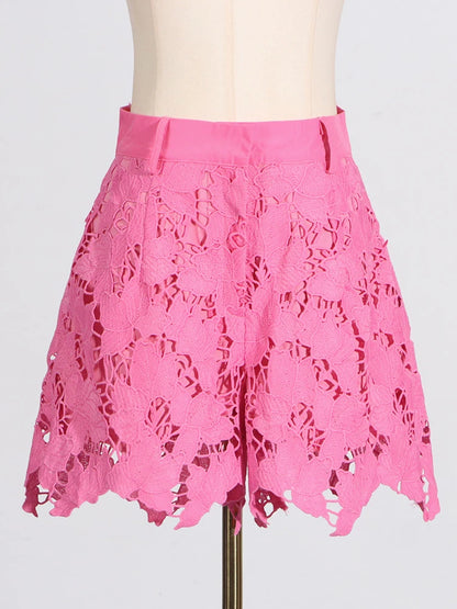 VGH Solid Two Piece Sets For Women Lapel Short Sleeve Spliced Single Breasted Shirts High Waist Shorts Hollow Out Set Female New