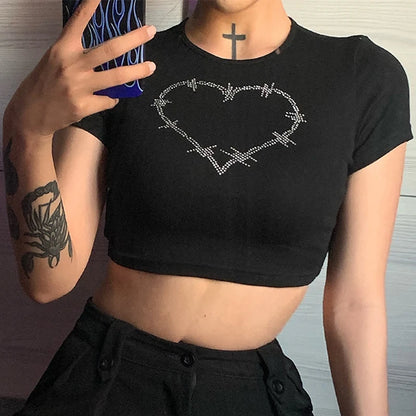 Y2K Women Backless Hollow Out T Shirt Sexy Bandage Crop Tops O-neck Tshirt Black Streetwear Short Sleeve Slim Bodycon T-shirt