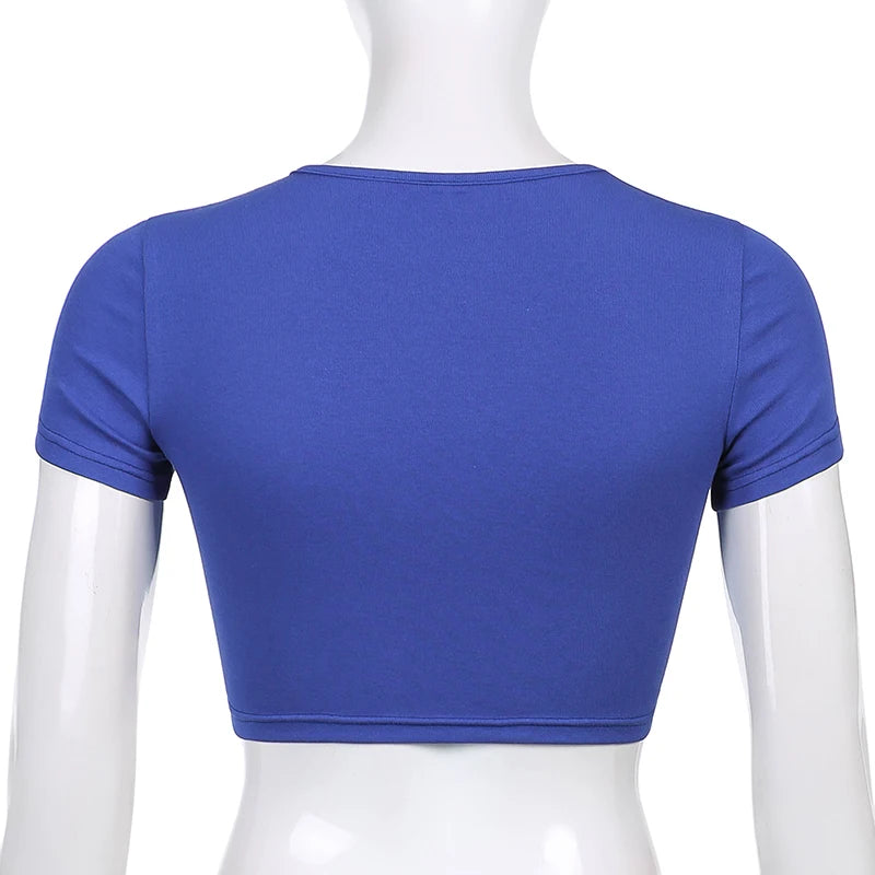 Y2K Women Backless Hollow Out T Shirt Sexy Bandage Crop Tops O-neck Tshirt Black Streetwear Short Sleeve Slim Bodycon T-shirt