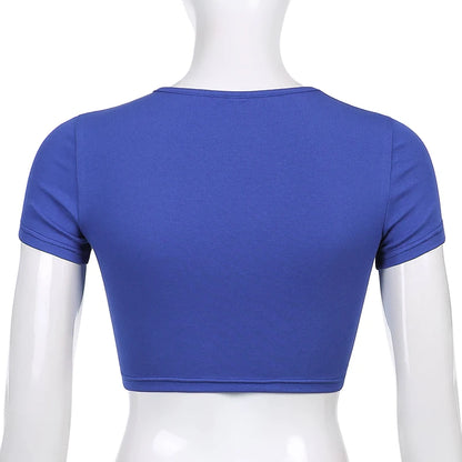 Y2K Women Backless Hollow Out T Shirt Sexy Bandage Crop Tops O-neck Tshirt Black Streetwear Short Sleeve Slim Bodycon T-shirt