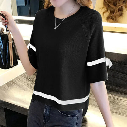 Oversize Knit Women Three Quarter T-Shirt Top Summer Causal Elegant Short Sleeve Camisetas Korean Fashion Loose Knitwear Tee New