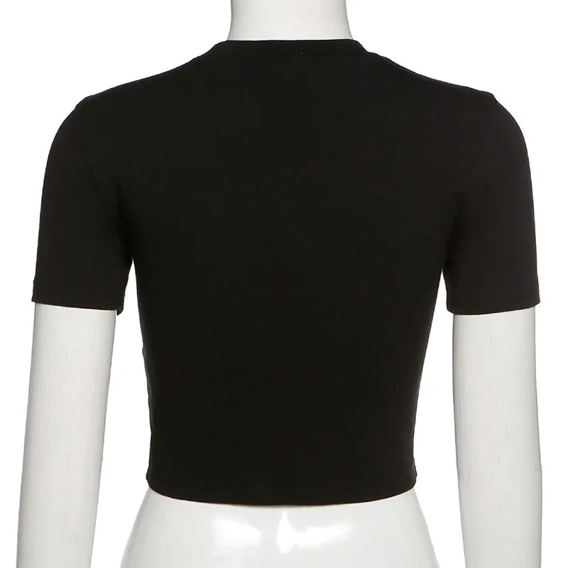Y2K Women Backless Hollow Out T Shirt Sexy Bandage Crop Tops O-neck Tshirt Black Streetwear Short Sleeve Slim Bodycon T-shirt
