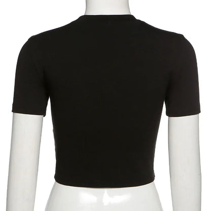 Y2K Women Backless Hollow Out T Shirt Sexy Bandage Crop Tops O-neck Tshirt Black Streetwear Short Sleeve Slim Bodycon T-shirt