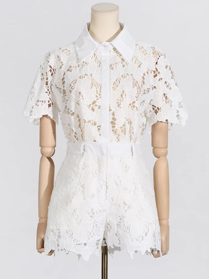 VGH Solid Two Piece Sets For Women Lapel Short Sleeve Spliced Single Breasted Shirts High Waist Shorts Hollow Out Set Female New