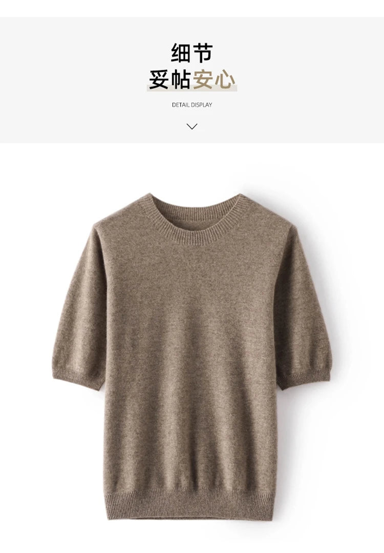 100% cashmere women's sweater short sleeved knitted O-neck five quarter sleeve fashionable hot selling women's T-shirt
