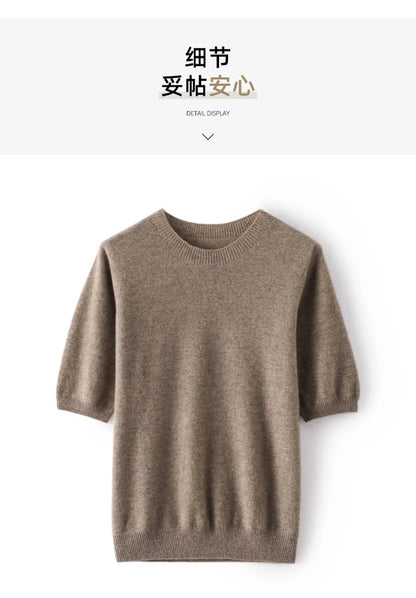 100% cashmere women's sweater short sleeved knitted O-neck five quarter sleeve fashionable hot selling women's T-shirt