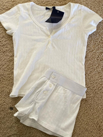 Stripes T-shirt Shorts 2 Pieces Sets Summer Short Sleeve Slim Three Buttons Crop Top Elastic Short Pant for Woman Sweet Y2k Set