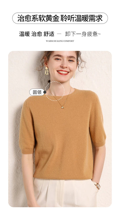 100% cashmere women's sweater short sleeved knitted O-neck five quarter sleeve fashionable hot selling women's T-shirt