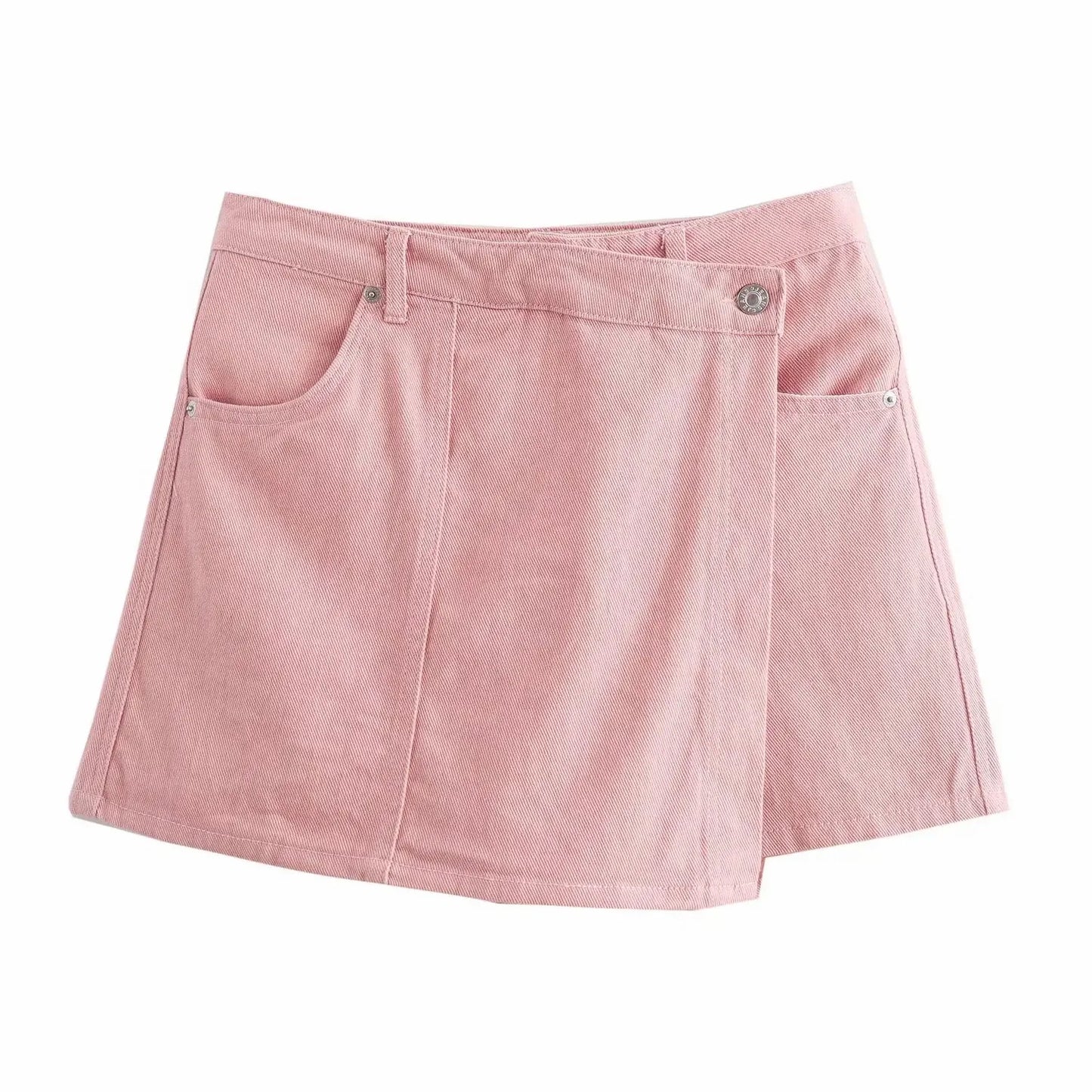 Conjuntos femininos em jeans: camisa gola com manga curta e bolso decoração +  shorts cintura média assimétrico