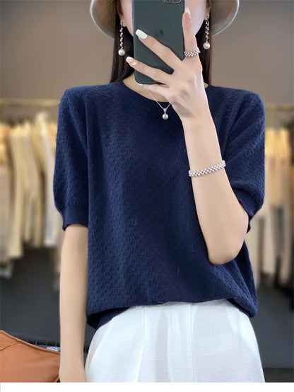 Pure Cotton Hollow Short-Sleeved Ladies Spring And Summer Loose Slim New Joker Knit Bottoming T-Shirt