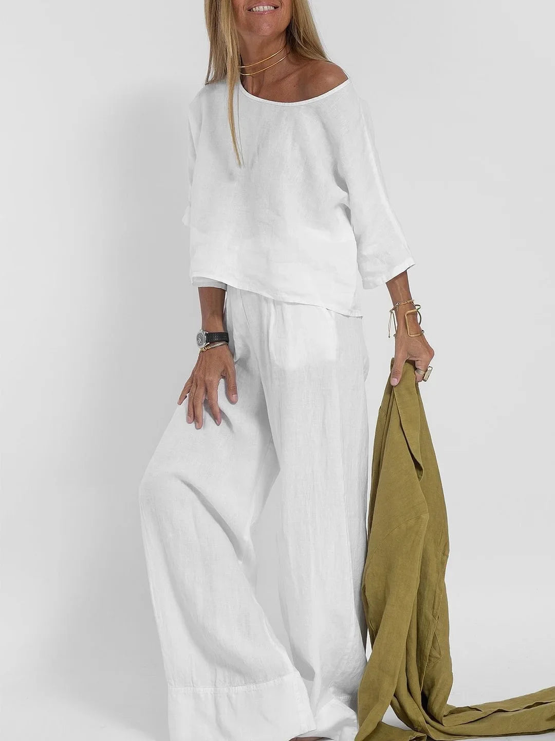 Europe and the United States new summer women's casual loose solid color short sleeve cotton linen trouser suit