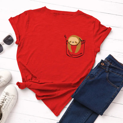 JFUNCY Short Sleeve Tee Women Top Oversized Cotton T-Shirt Female Summer Clothes Cute Sloth Pocket Graphic 2024 Women's T Shirts