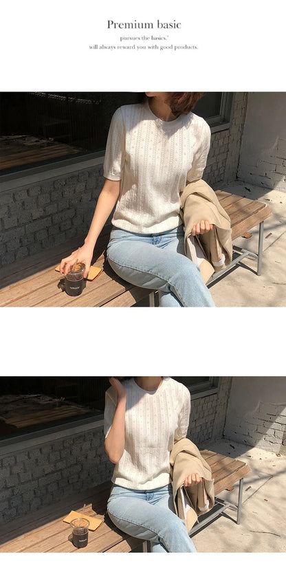 100% Cotton Women Hollow-out Sweater T-shirt New Summer Fashion Short-sleeve O-Neck Pullover Tees Korea Casual Knitted Tops