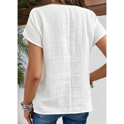 Simple Solid Color Blouse Women's Summer V-neck Button Short Sleeve Lady Work T-shirt Tops